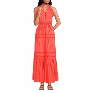 Lands' End Cotton Voile Halter Tiered Maxi Dress Pop Orange Sherbert Size Small